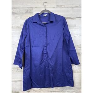 Tyler Boe Womens M Blue Cotton Poplin Popover Tunic Button Up Blouse Shirt